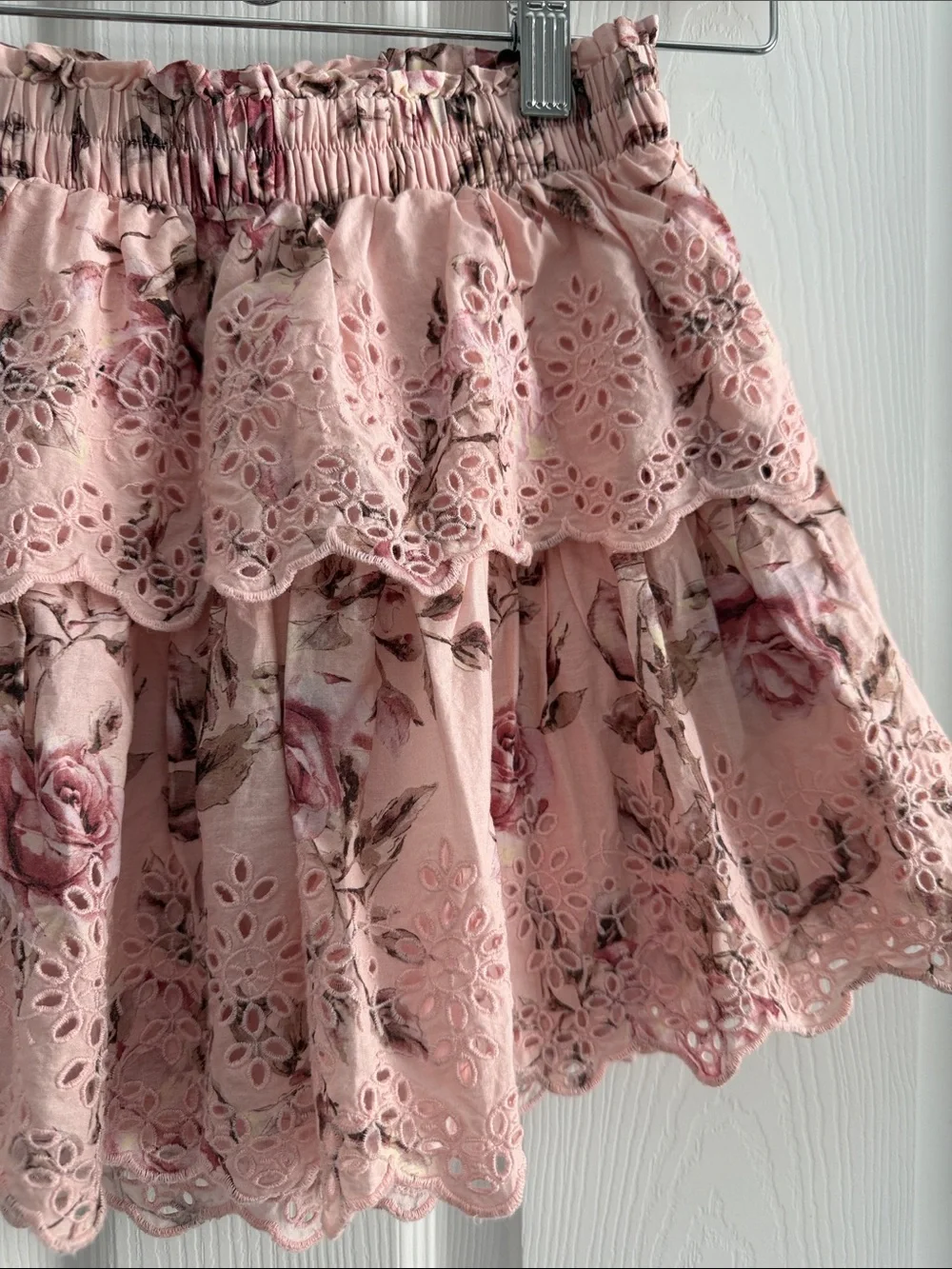 Gap x LoveShackFancy Pink Floral Eyelet Tiered Mini Skirt